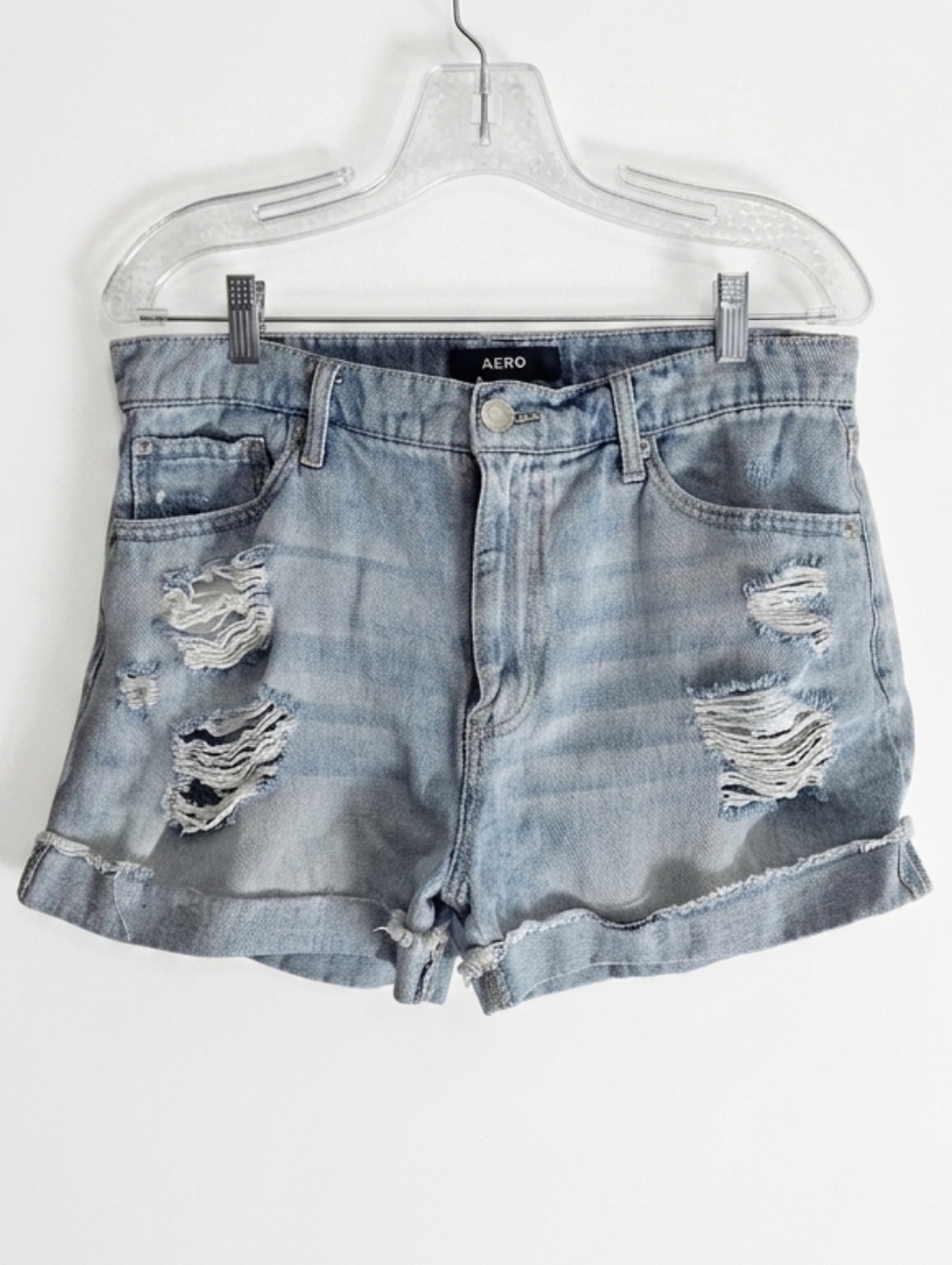 Aero Light Blue Distressed Denim Mom Shorts